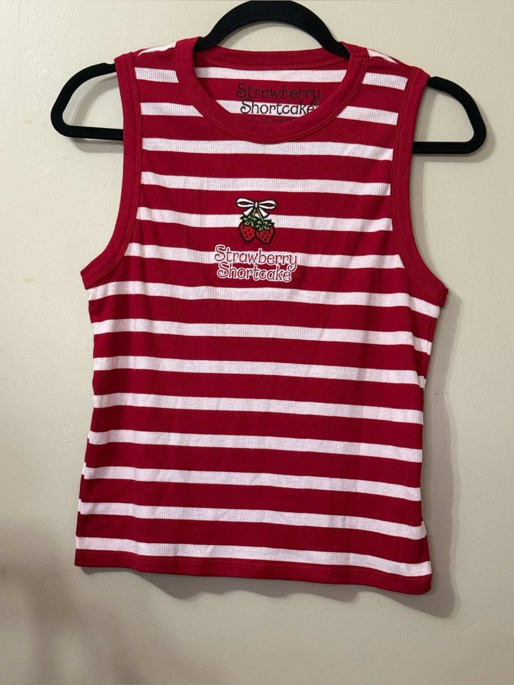Strawberry Shortcake Ribbed Tank Top Red White Striped Embroidered Large